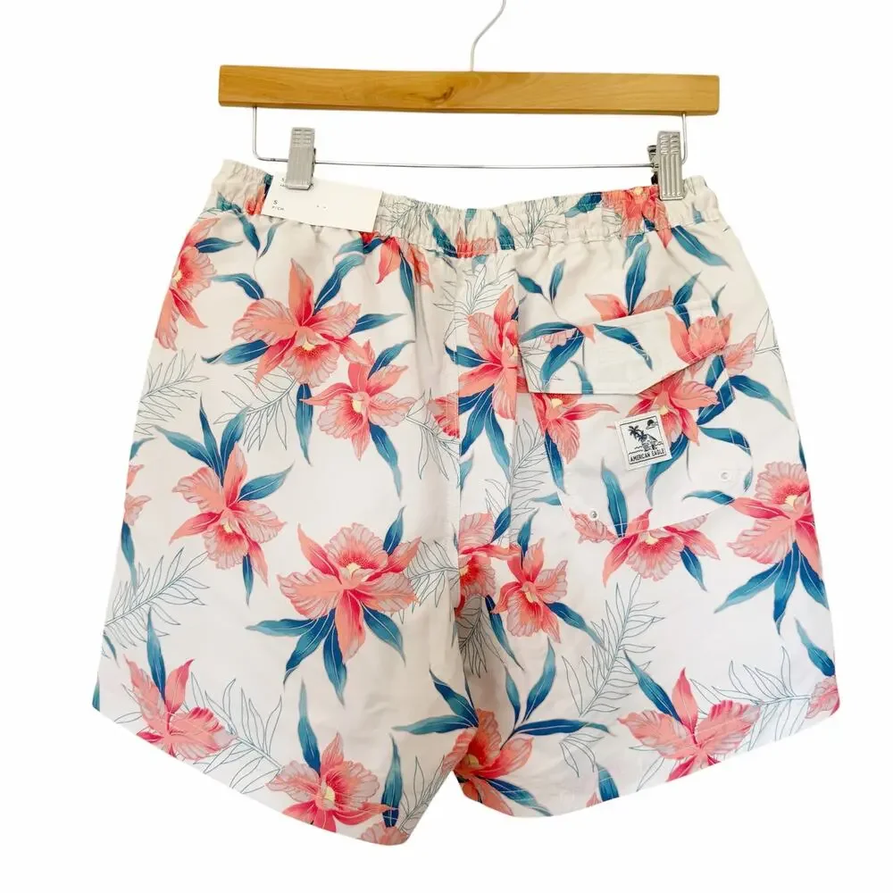American Eagle White Floral Bathing Suit Swim Trunks Sz S